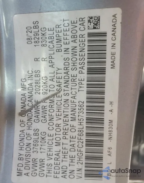 2020 Honda Civic Lx from USA, damaged, VIN 2HGFC2F68LH573562